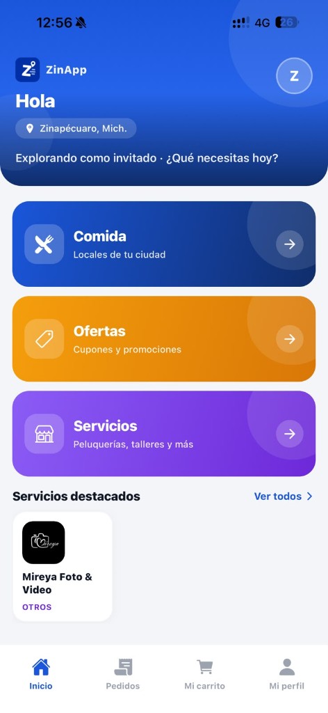 Pantalla de inicio de ZinApp con comida, ofertas y servicios locales