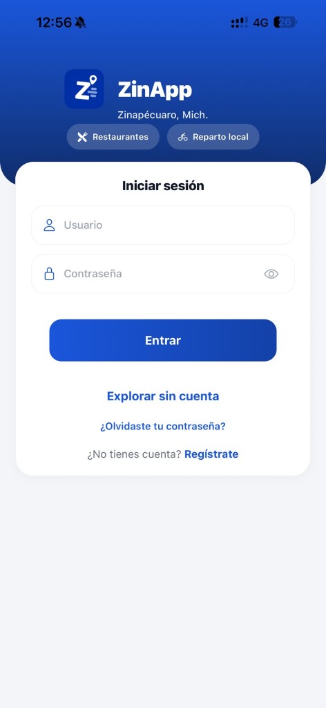 Pantalla de inicio de sesión de ZinApp